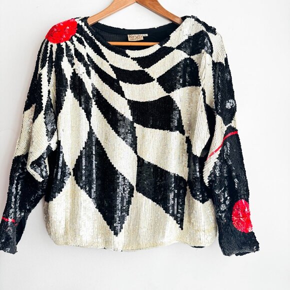 Vintage Siruti Geometric Print black White Orange Sequin Harlequin SILK Top L - Picture 6 of 11